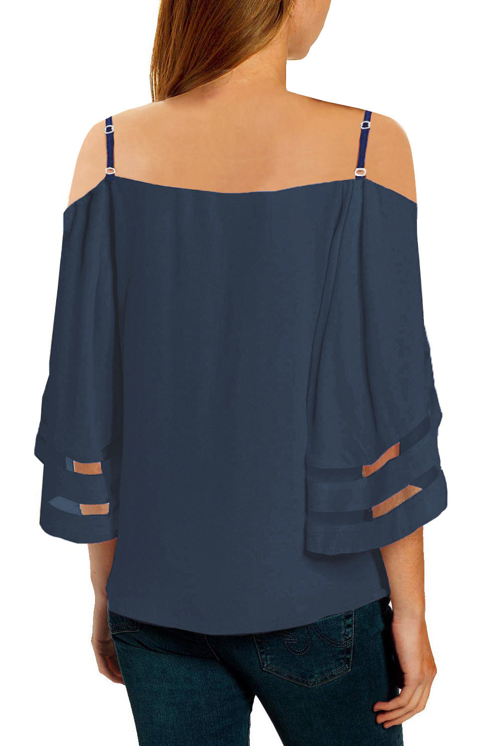 A stylish blue blouse featuring spaghetti straps, cold shoulder design, mesh inserts, and flare bell sleeves, perfect for casual or party wear.