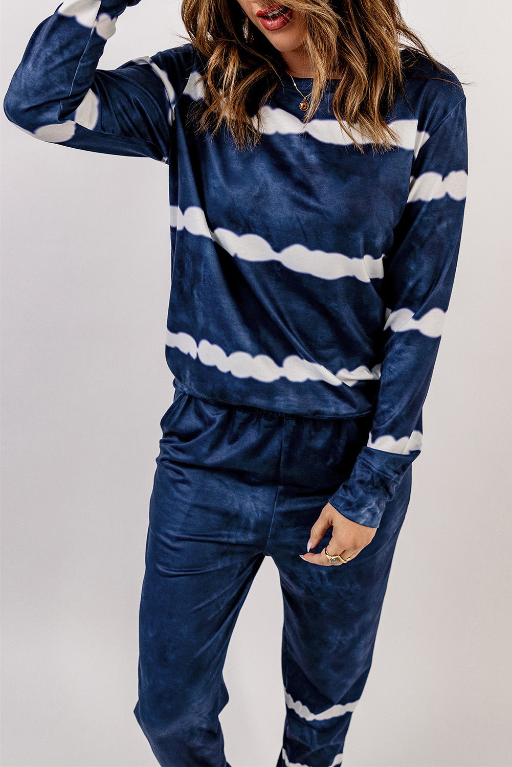 Blue Stripes Long Sleeves and Joggers Lounge Set featuring a stylish tie-dye design, perfect for cozy lounging.