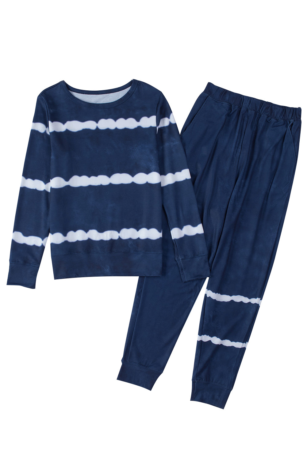 Blue Stripes Long Sleeves and Joggers Lounge Set featuring a stylish tie-dye design, perfect for cozy lounging.