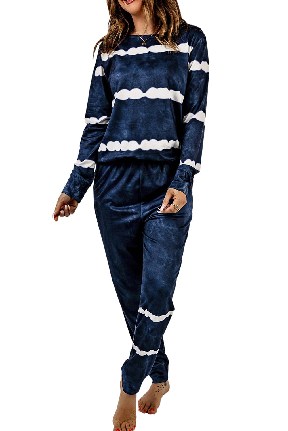 Blue Stripes Long Sleeves and Joggers Lounge Set featuring a stylish tie-dye design, perfect for cozy lounging.