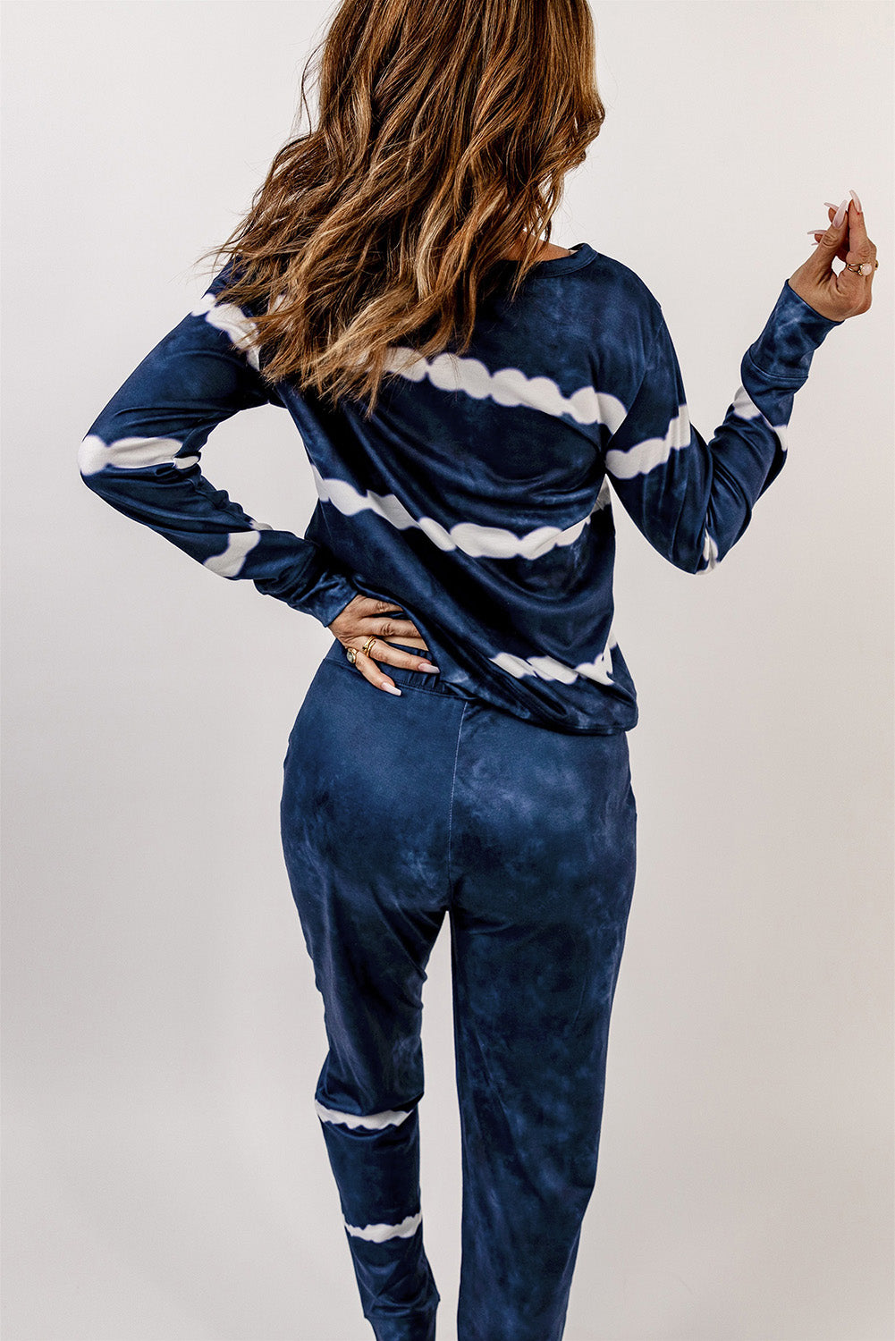 Blue Stripes Long Sleeves and Joggers Lounge Set featuring a stylish tie-dye design, perfect for cozy lounging.