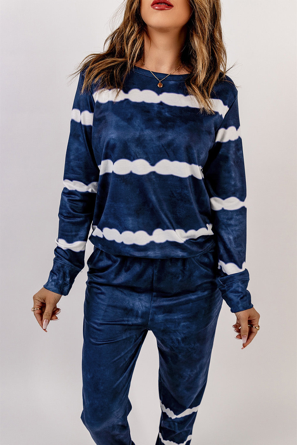 Blue Stripes Long Sleeves and Joggers Lounge Set featuring a stylish tie-dye design, perfect for cozy lounging.