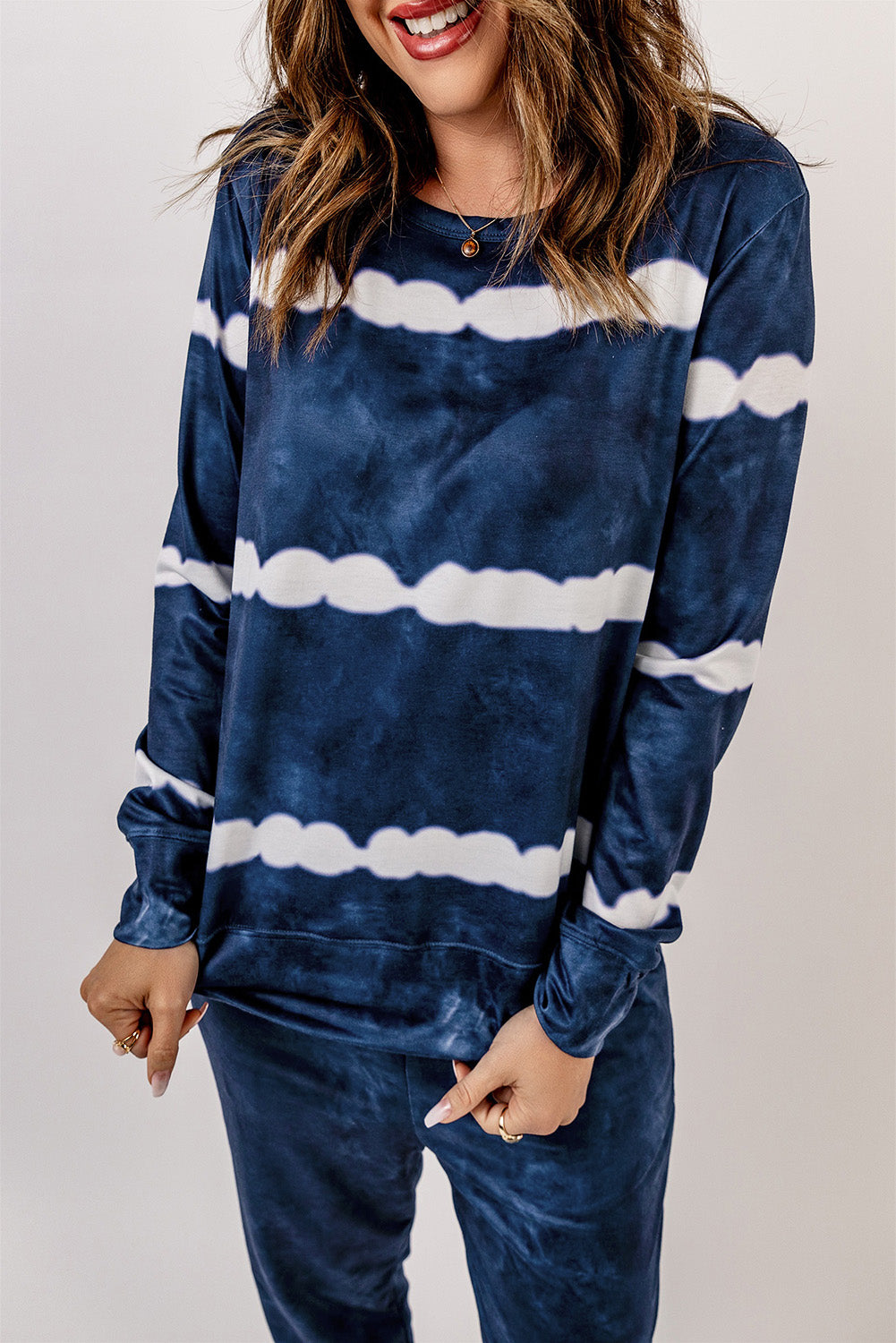 Blue Stripes Long Sleeves and Joggers Lounge Set featuring a stylish tie-dye design, perfect for cozy lounging.