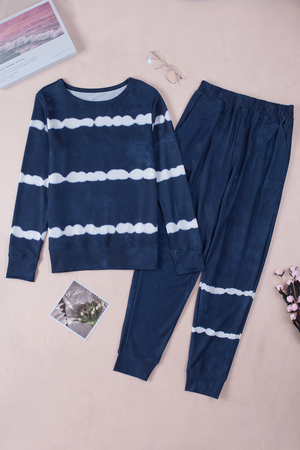 Blue Stripes Long Sleeves and Joggers Lounge Set featuring a stylish tie-dye design, perfect for cozy lounging.