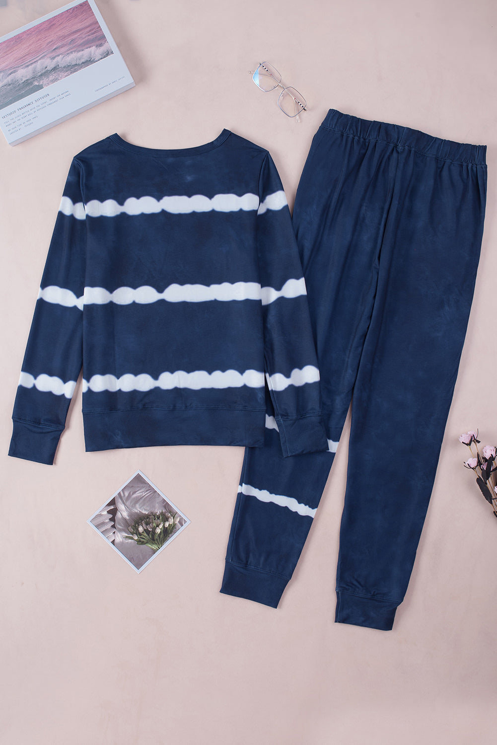 Blue Stripes Long Sleeves and Joggers Lounge Set featuring a stylish tie-dye design, perfect for cozy lounging.