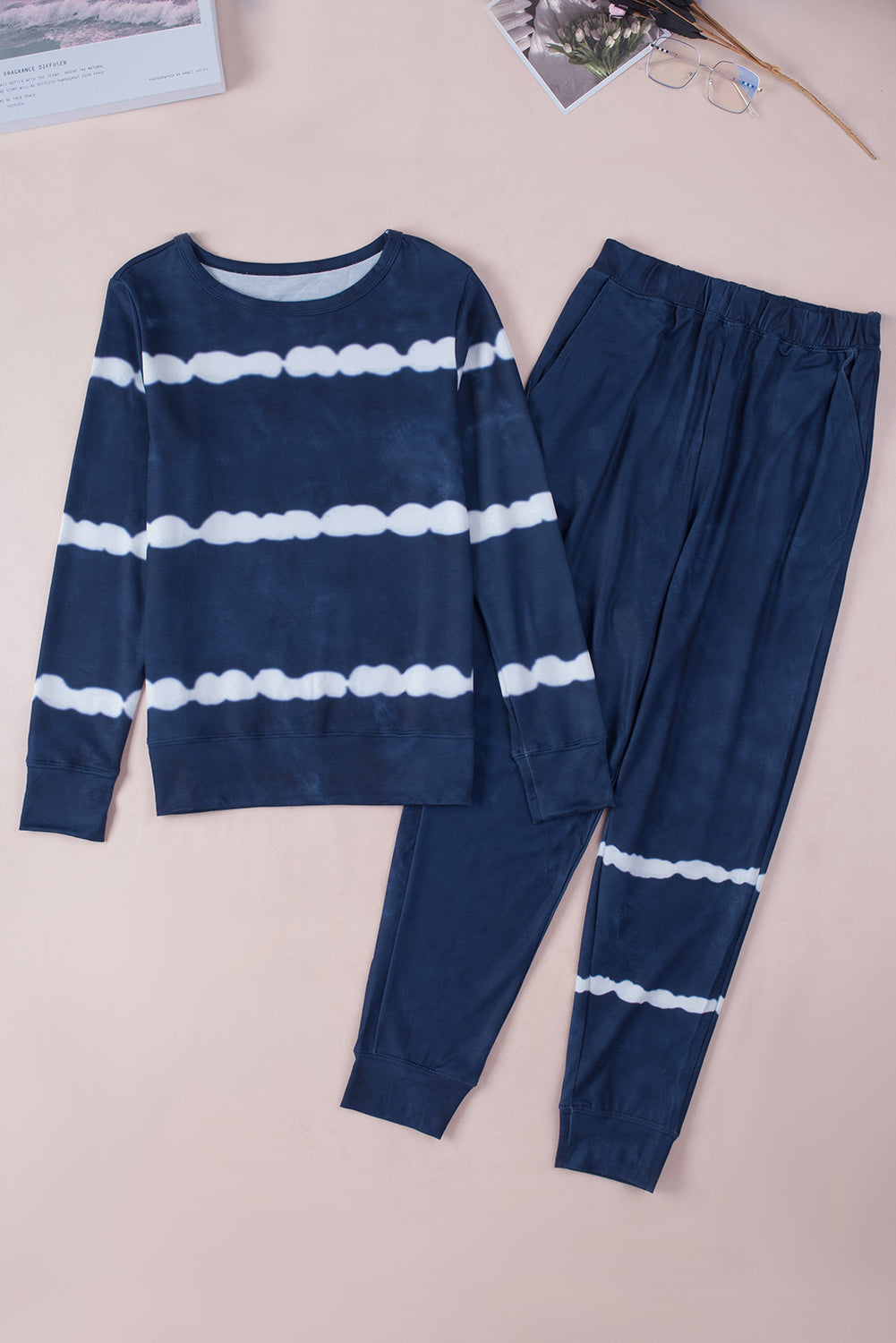 Blue Stripes Long Sleeves and Joggers Lounge Set featuring a stylish tie-dye design, perfect for cozy lounging.