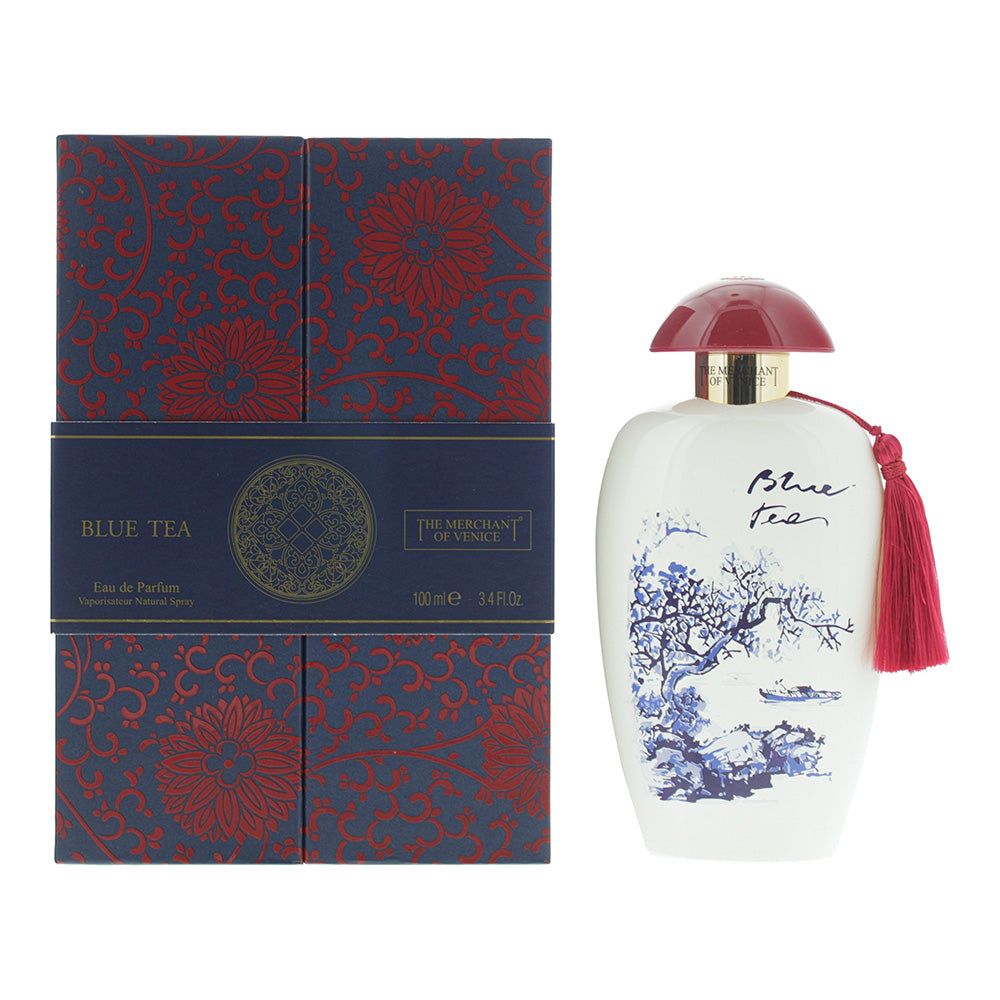 A luxurious bottle of Blue Tea Eau de Parfum by The Merchant of Venice, showcasing its elegant design and captivating fragrance.