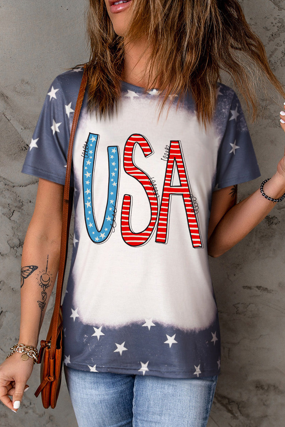 Blue Tie Dye Stripes and Stars USA Print T Shirt featuring a vibrant tie dye pattern with stars and stripes design.