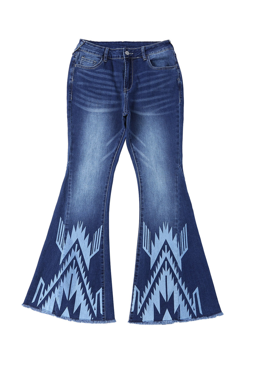 A pair of Blue Western Pattern High Rise Flare Jeans displayed on a white background, showcasing the flared design and high-rise waist.