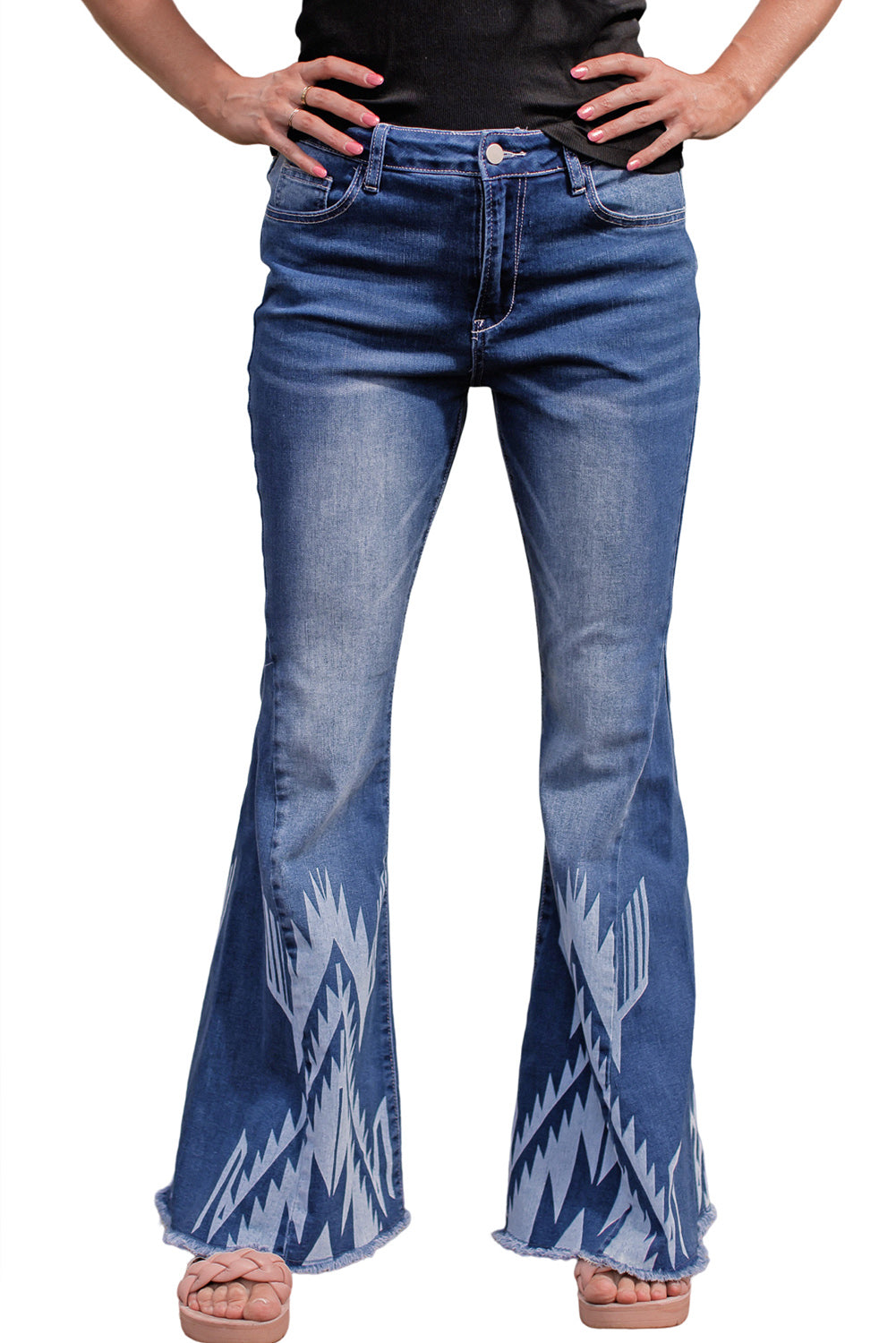 A pair of Blue Western Pattern High Rise Flare Jeans displayed on a white background, showcasing the flared design and high-rise waist.