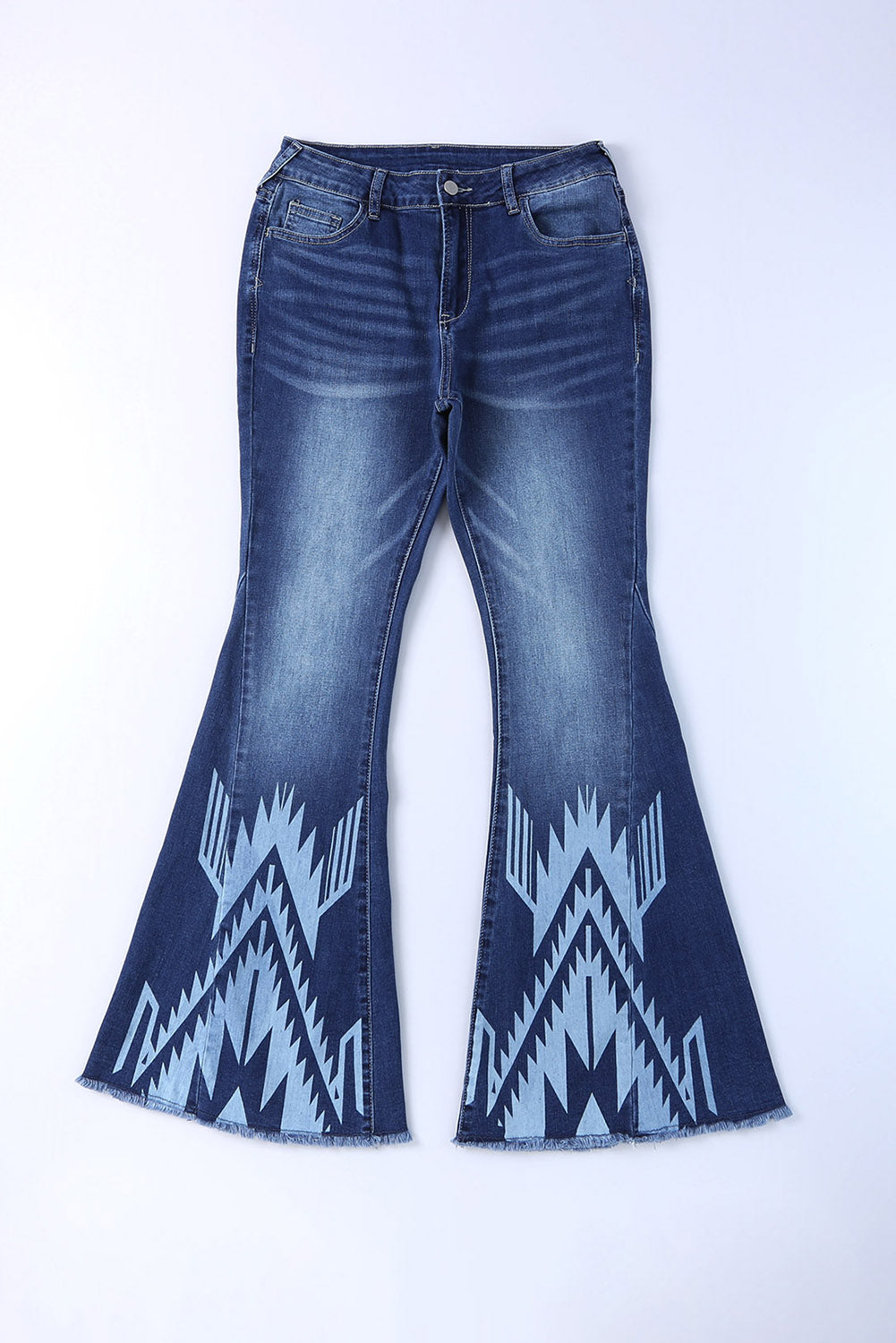 A pair of Blue Western Pattern High Rise Flare Jeans displayed on a white background, showcasing the flared design and high-rise waist.