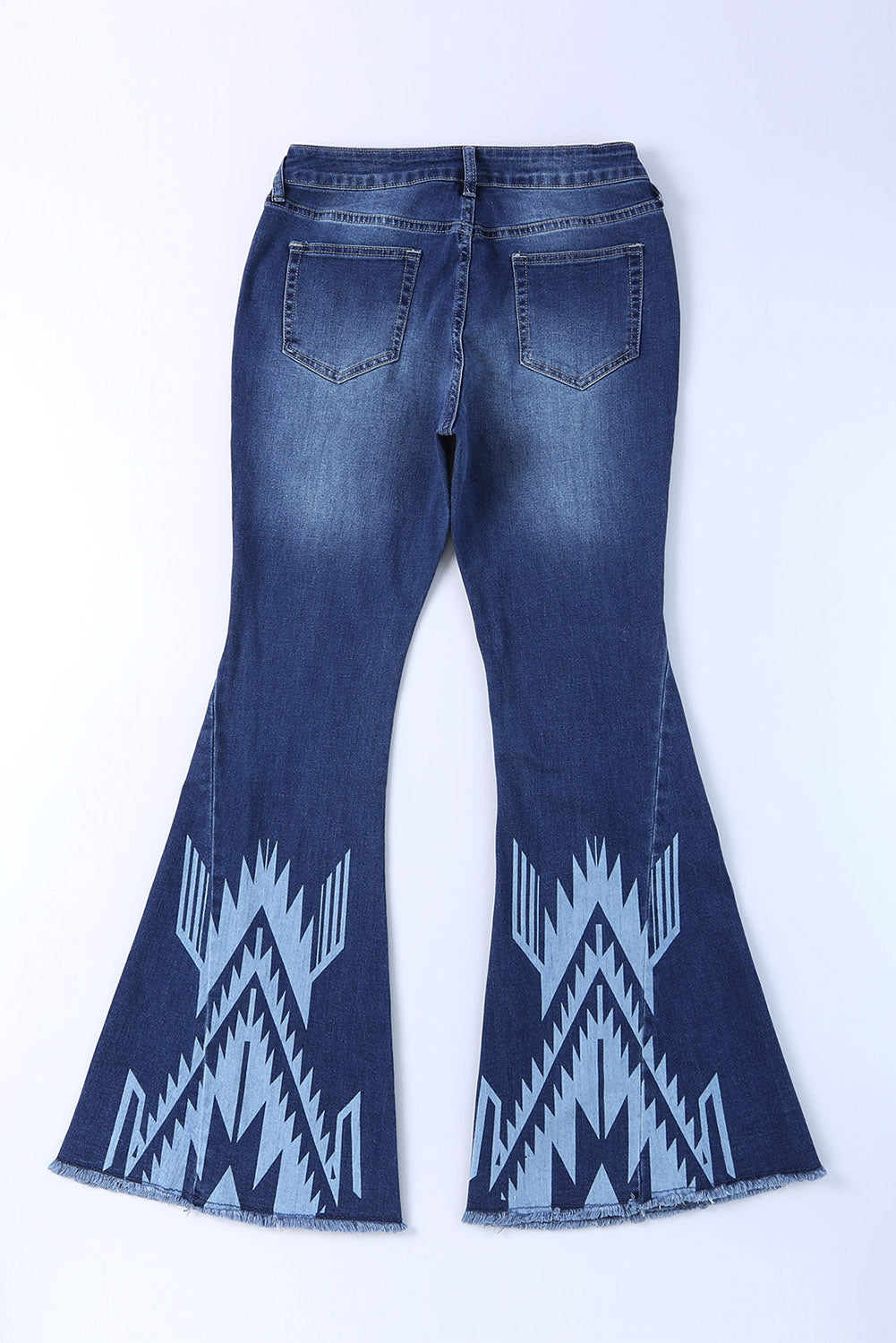 A pair of Blue Western Pattern High Rise Flare Jeans displayed on a white background, showcasing the flared design and high-rise waist.