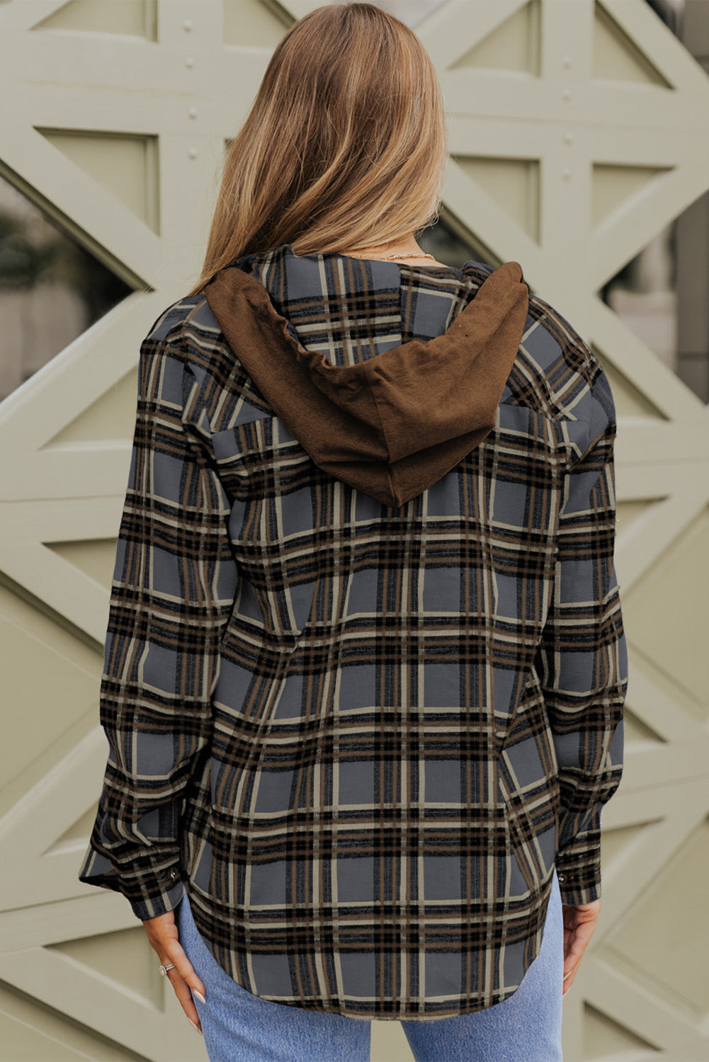 Bluing Contrast Hooded Drawstring Plaid Shacket featuring a stylish plaid pattern, contrast hood, and functional flap pockets.