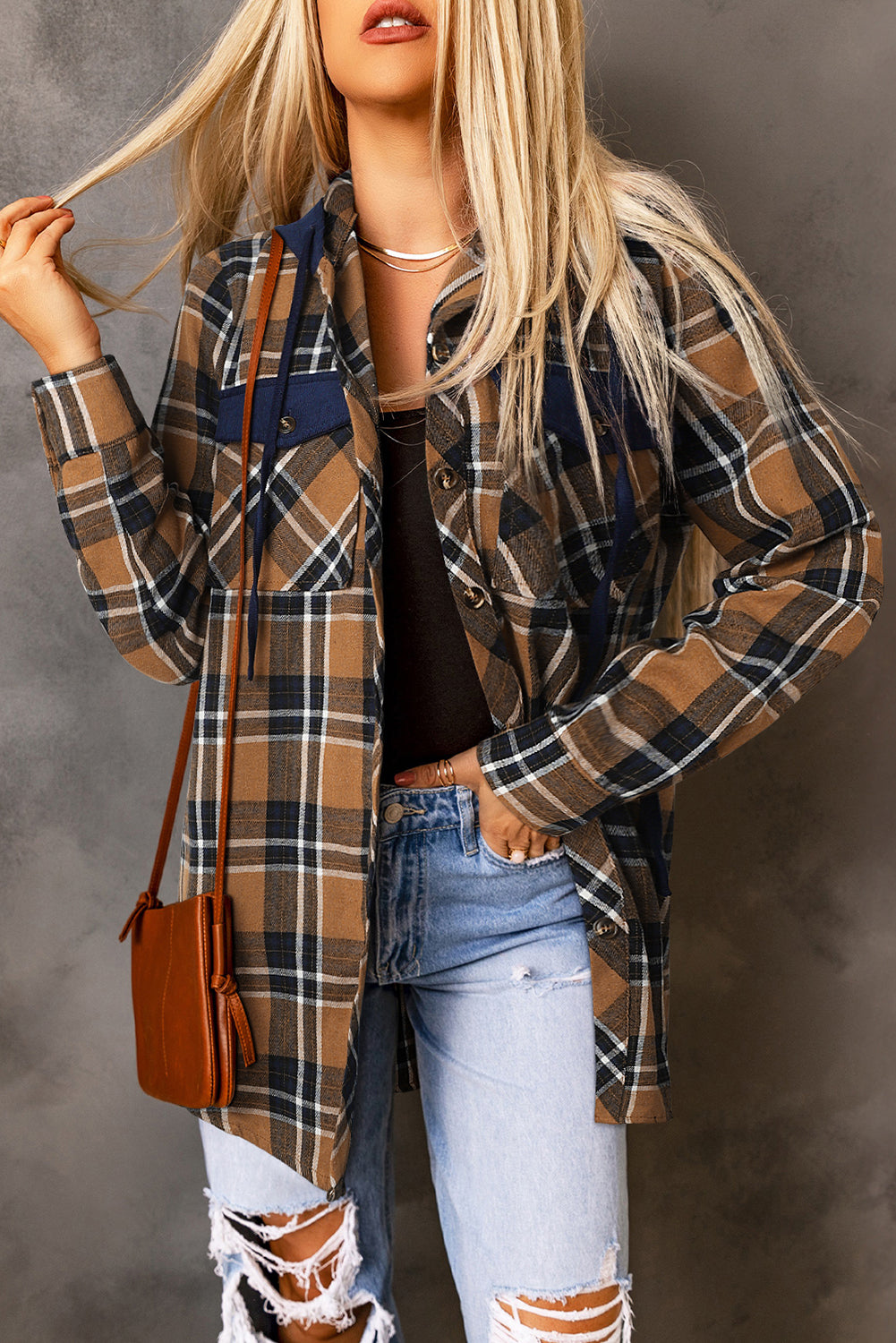 Bluing Contrast Hooded Drawstring Plaid Shacket featuring a stylish plaid pattern, contrast hood, and functional flap pockets.