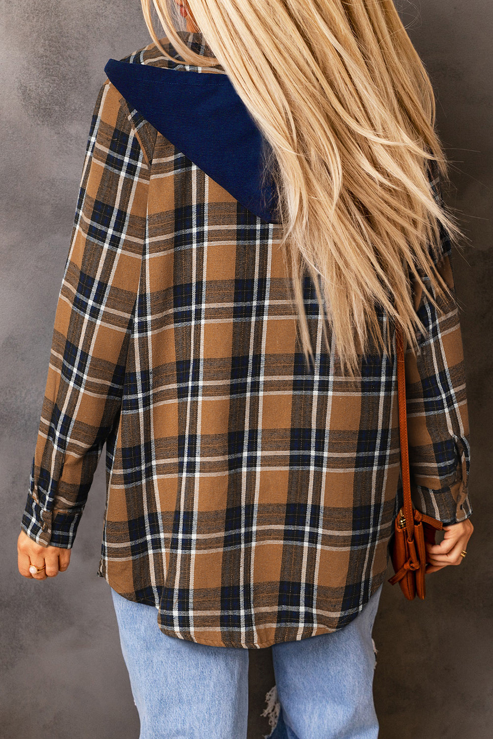 Bluing Contrast Hooded Drawstring Plaid Shacket featuring a stylish plaid pattern, contrast hood, and functional flap pockets.