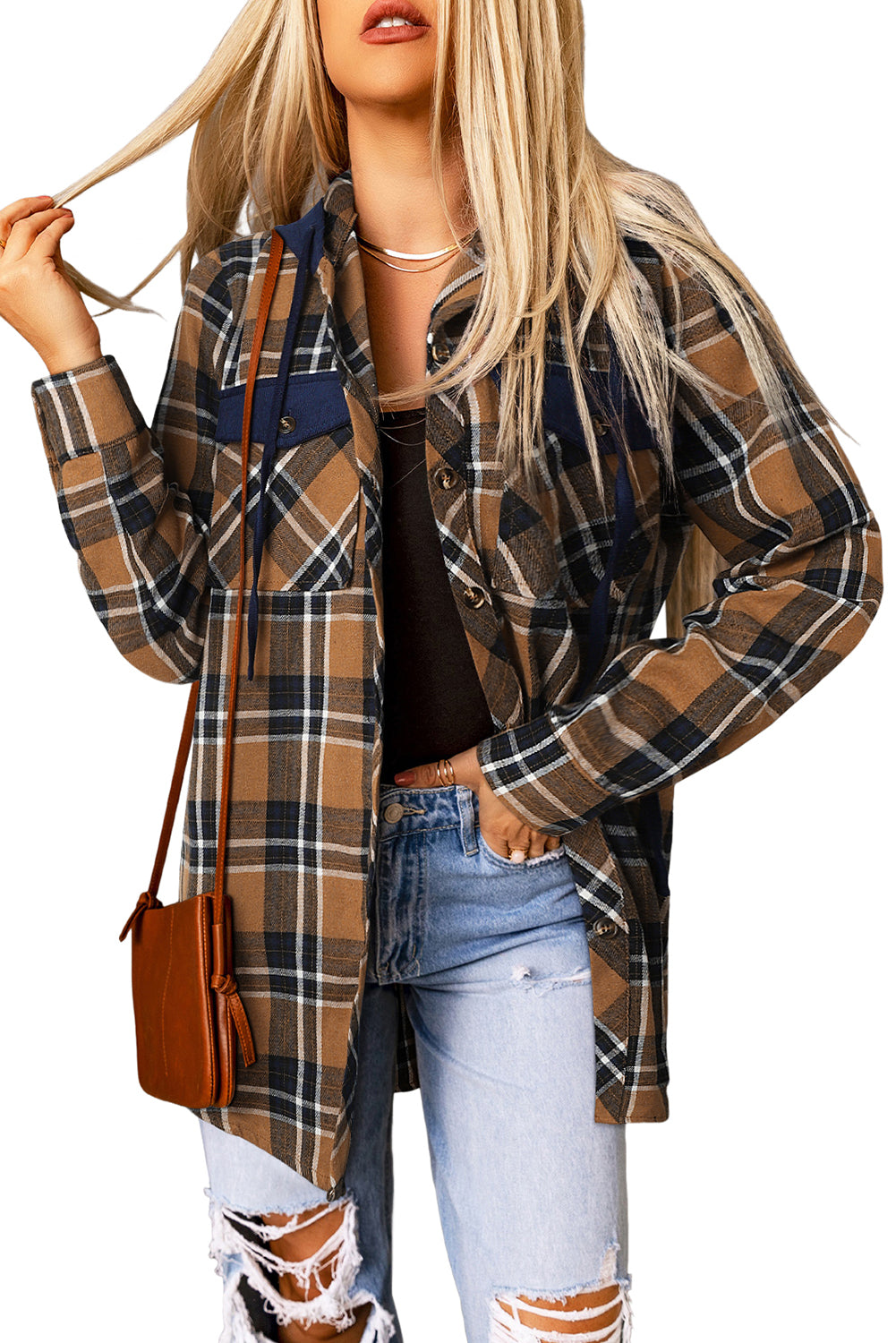 Bluing Contrast Hooded Drawstring Plaid Shacket featuring a stylish plaid pattern, contrast hood, and functional flap pockets.