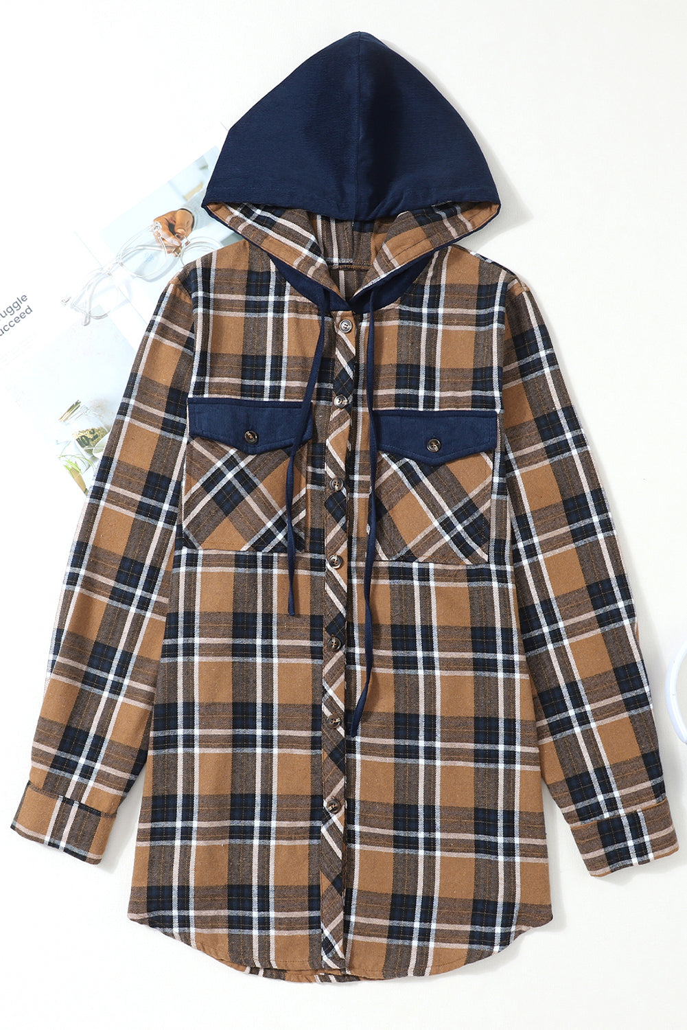 Bluing Contrast Hooded Drawstring Plaid Shacket featuring a stylish plaid pattern, contrast hood, and functional flap pockets.