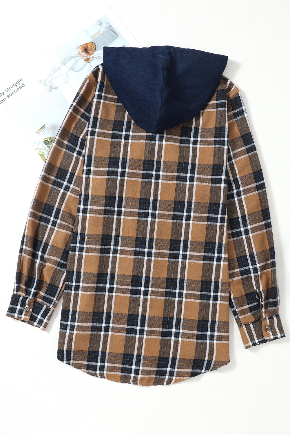 Bluing Contrast Hooded Drawstring Plaid Shacket featuring a stylish plaid pattern, contrast hood, and functional flap pockets.