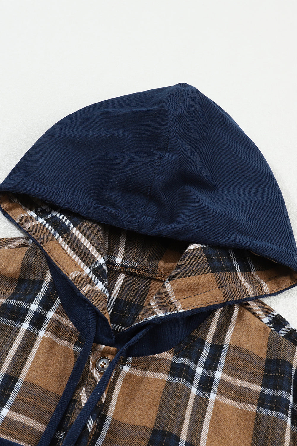 Bluing Contrast Hooded Drawstring Plaid Shacket featuring a stylish plaid pattern, contrast hood, and functional flap pockets.