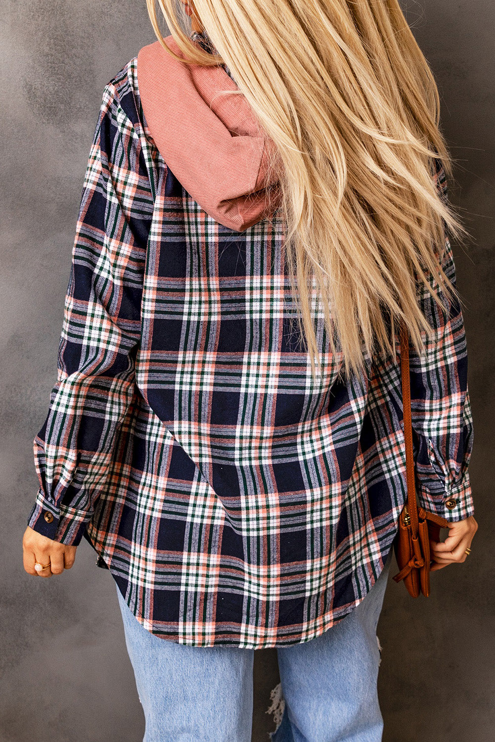 Bluing Contrast Hooded Drawstring Plaid Shacket featuring a stylish plaid pattern, contrast hood, and functional flap pockets.