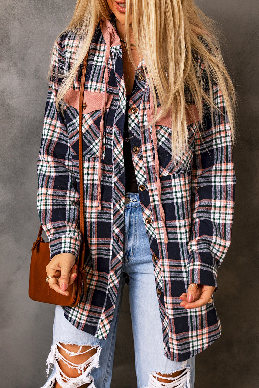 Bluing Contrast Hooded Drawstring Plaid Shacket featuring a stylish plaid pattern, contrast hood, and functional flap pockets.