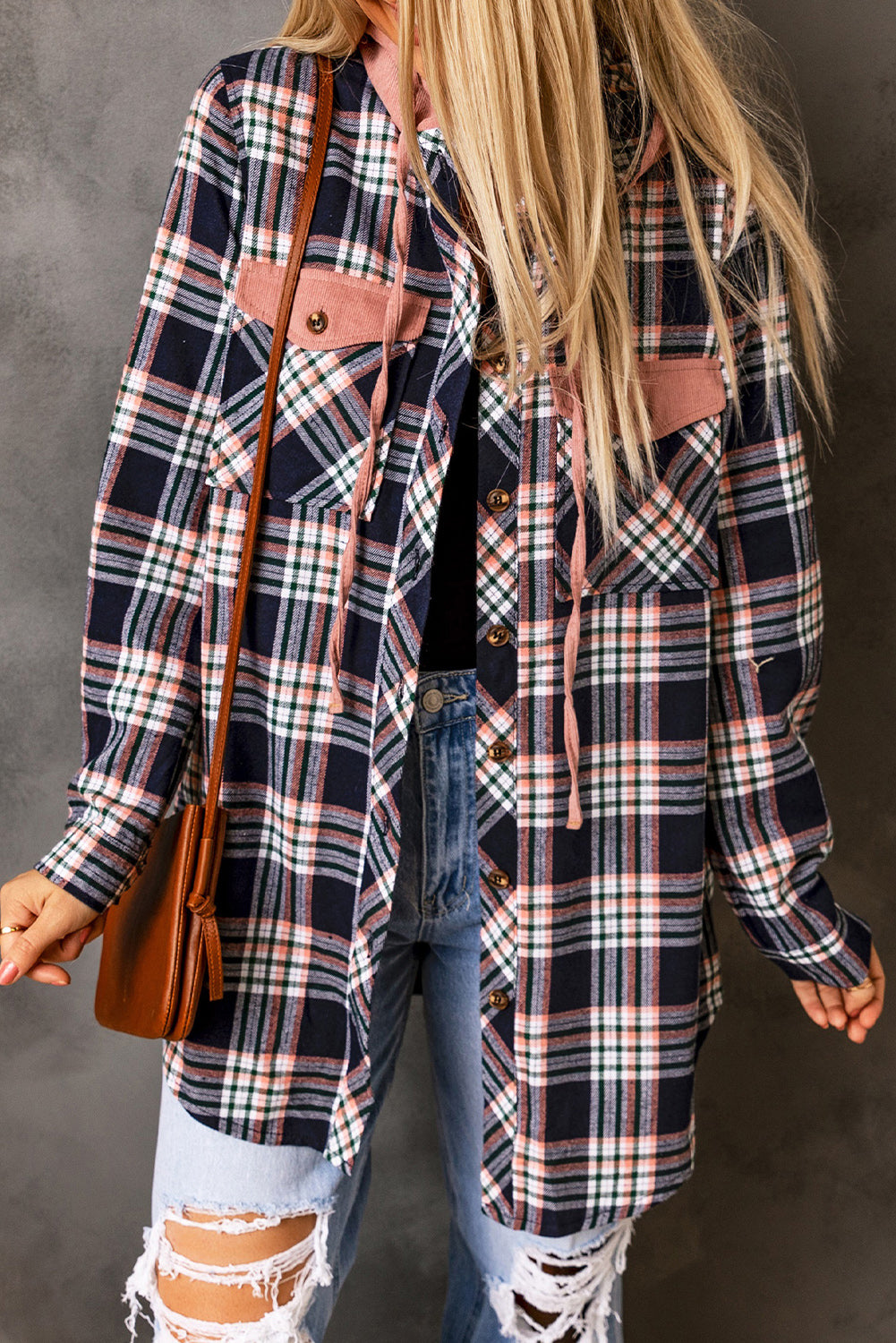 Bluing Contrast Hooded Drawstring Plaid Shacket featuring a stylish plaid pattern, contrast hood, and functional flap pockets.