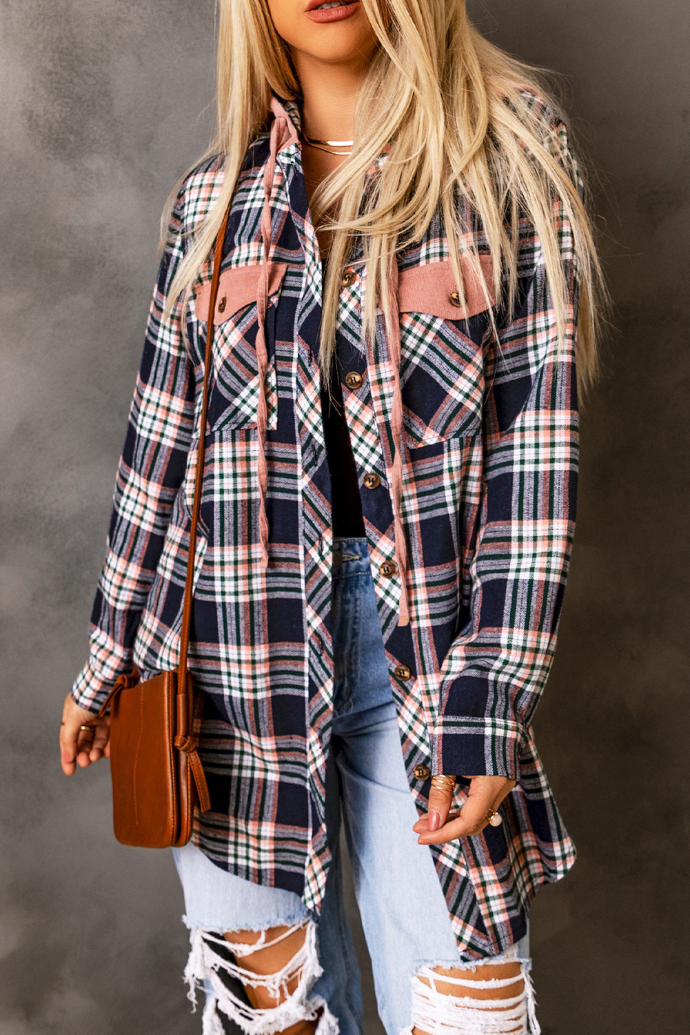 Bluing Contrast Hooded Drawstring Plaid Shacket featuring a stylish plaid pattern, contrast hood, and functional flap pockets.