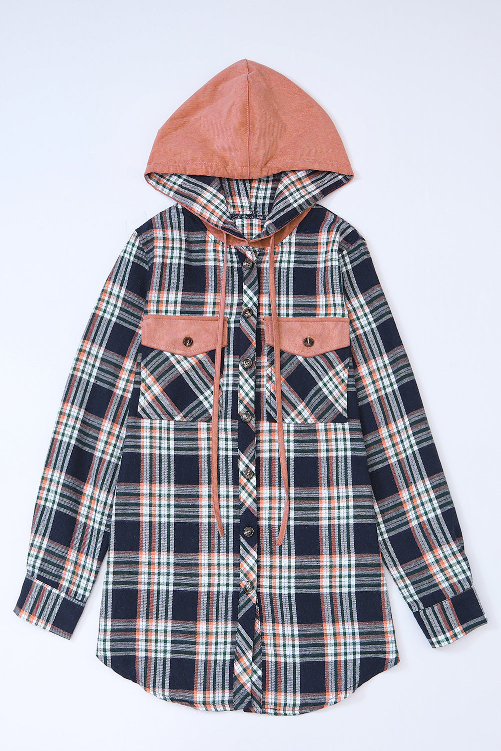 Bluing Contrast Hooded Drawstring Plaid Shacket featuring a stylish plaid pattern, contrast hood, and functional flap pockets.