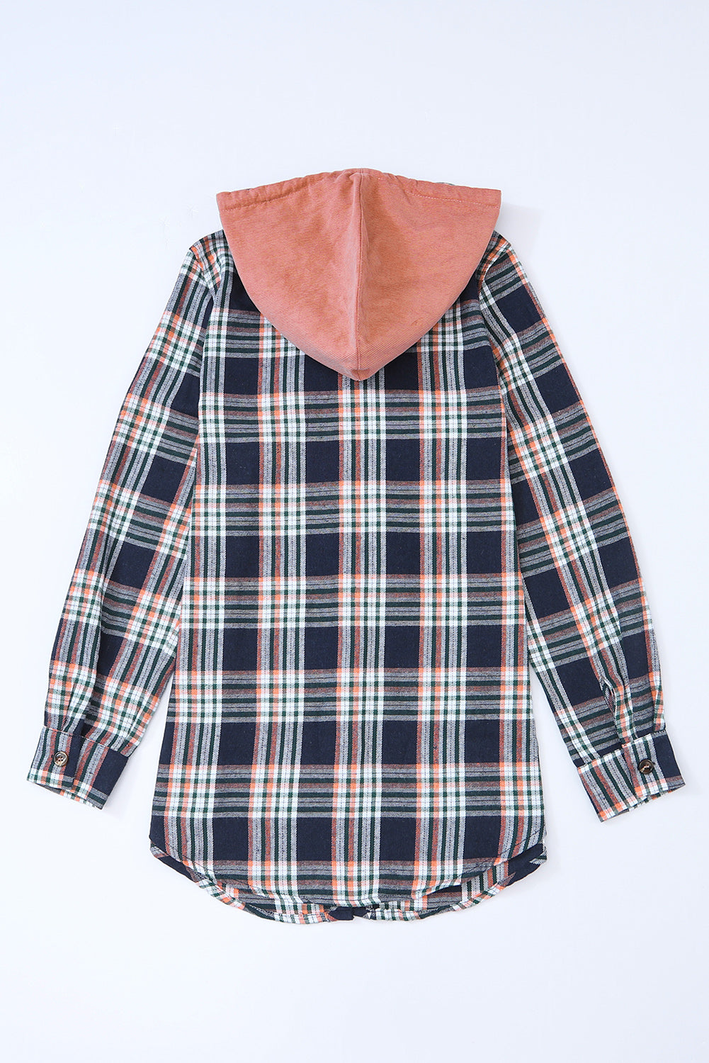 Bluing Contrast Hooded Drawstring Plaid Shacket featuring a stylish plaid pattern, contrast hood, and functional flap pockets.