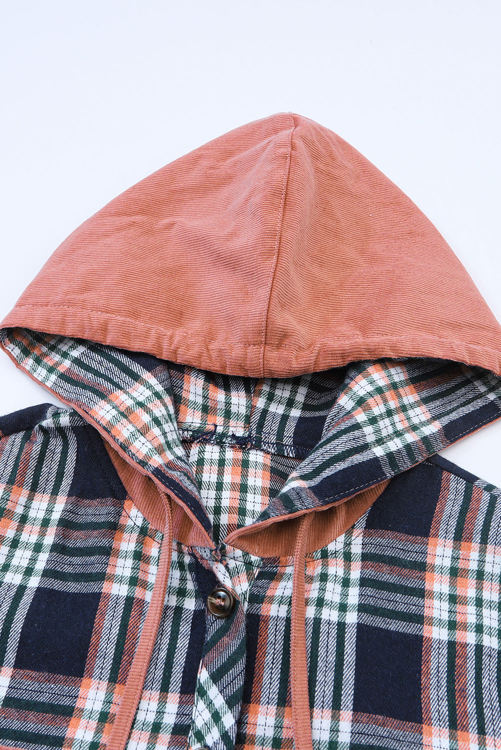 Bluing Contrast Hooded Drawstring Plaid Shacket featuring a stylish plaid pattern, contrast hood, and functional flap pockets.