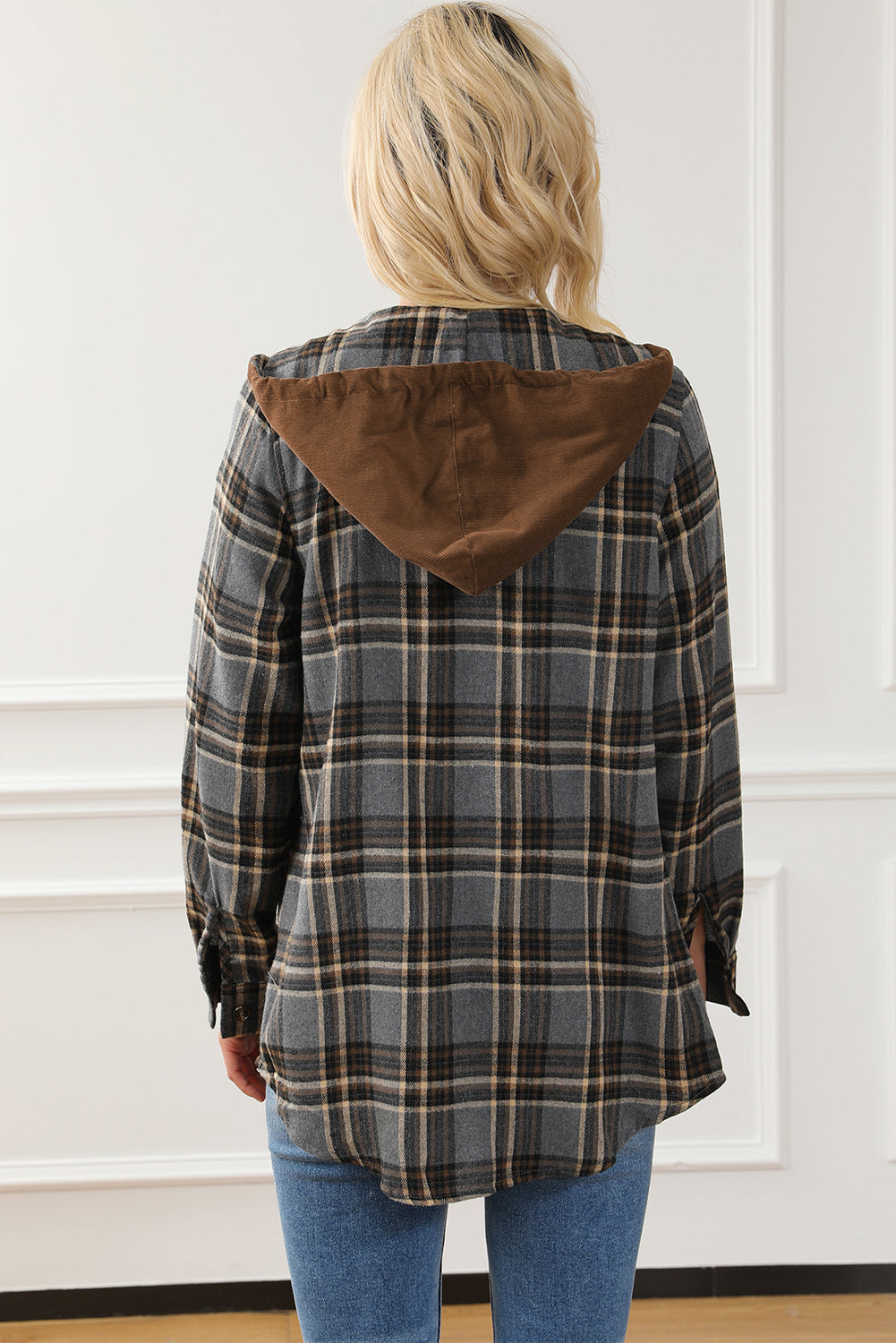 Bluing Contrast Hooded Drawstring Plaid Shacket featuring a stylish plaid pattern, contrast hood, and functional flap pockets.