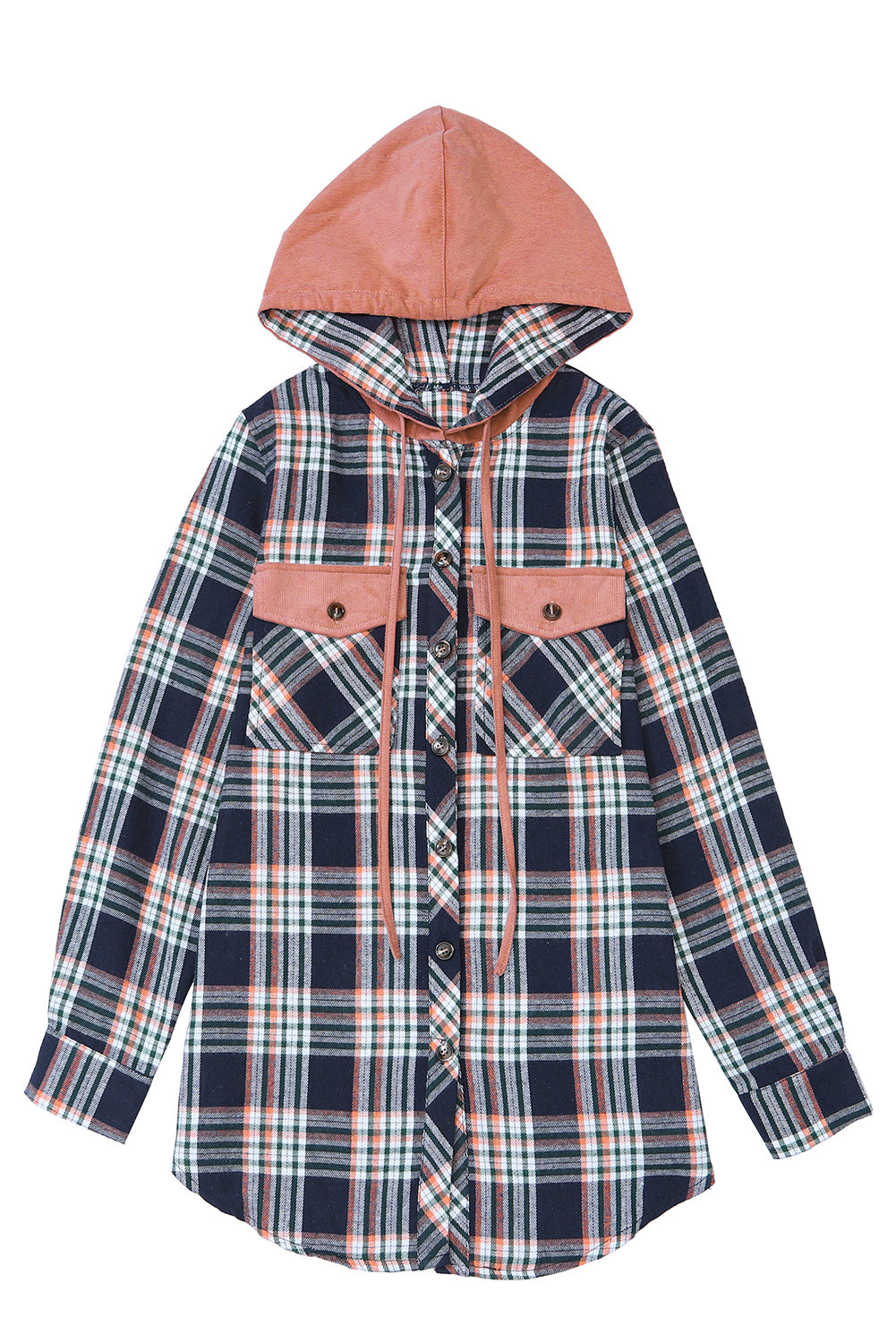 Bluing Contrast Hooded Drawstring Plaid Shacket featuring a stylish plaid pattern, contrast hood, and functional flap pockets.