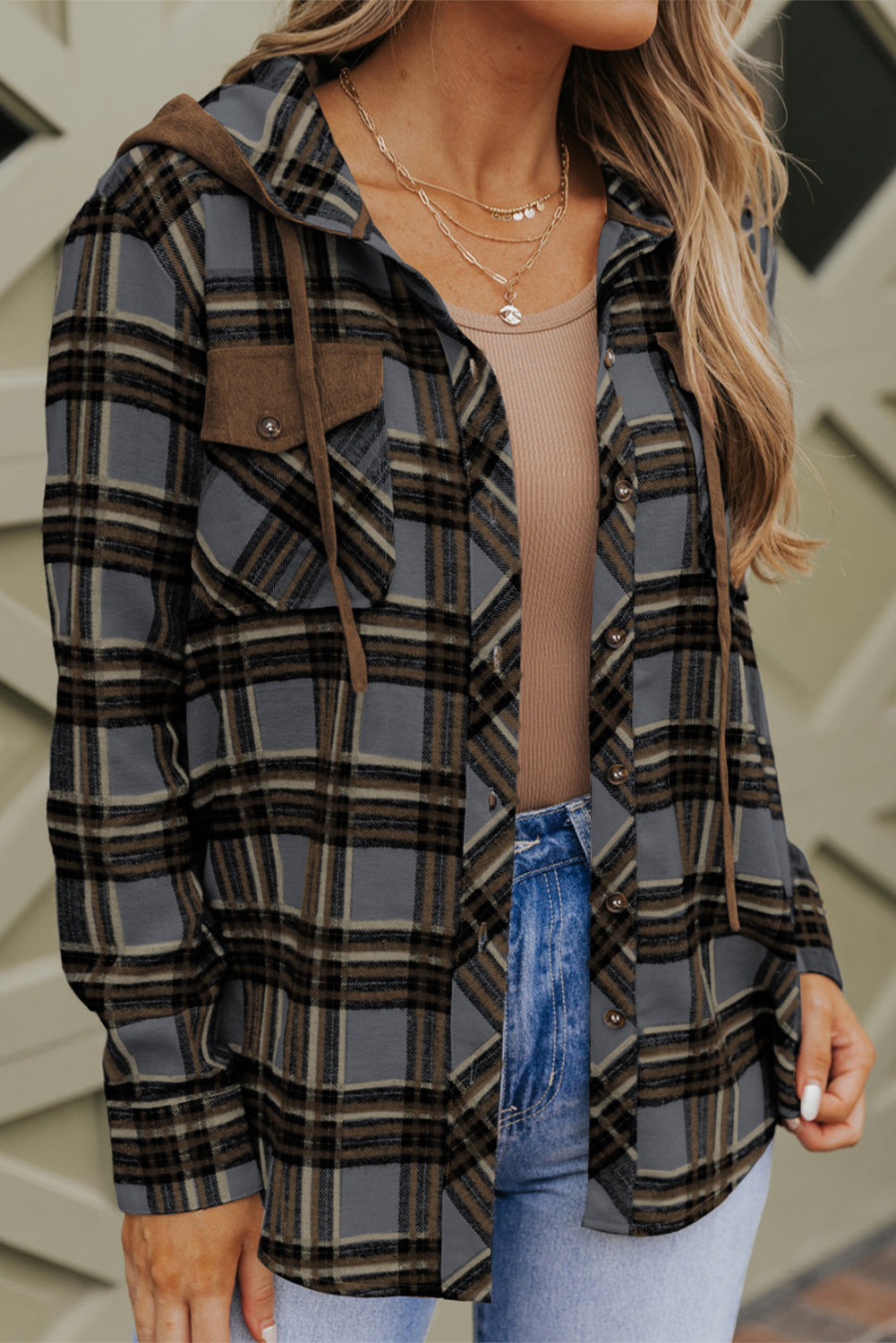 Bluing Contrast Hooded Drawstring Plaid Shacket featuring a stylish plaid pattern, contrast hood, and functional flap pockets.