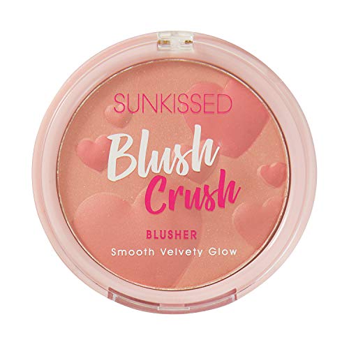 Blush Crush Blusher in a compact with a soft pink hue, showcasing its lightweight and blendable texture.