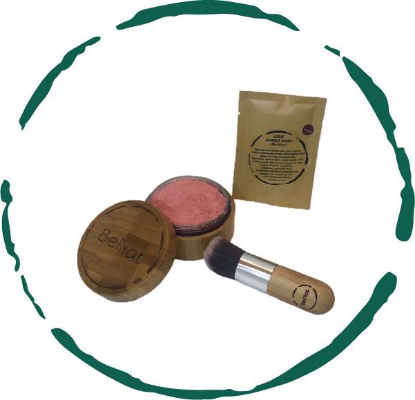 Blush Loose Powder Set featuring a bamboo container, blush powder in Plum and Roseate, and a kabuki brush.