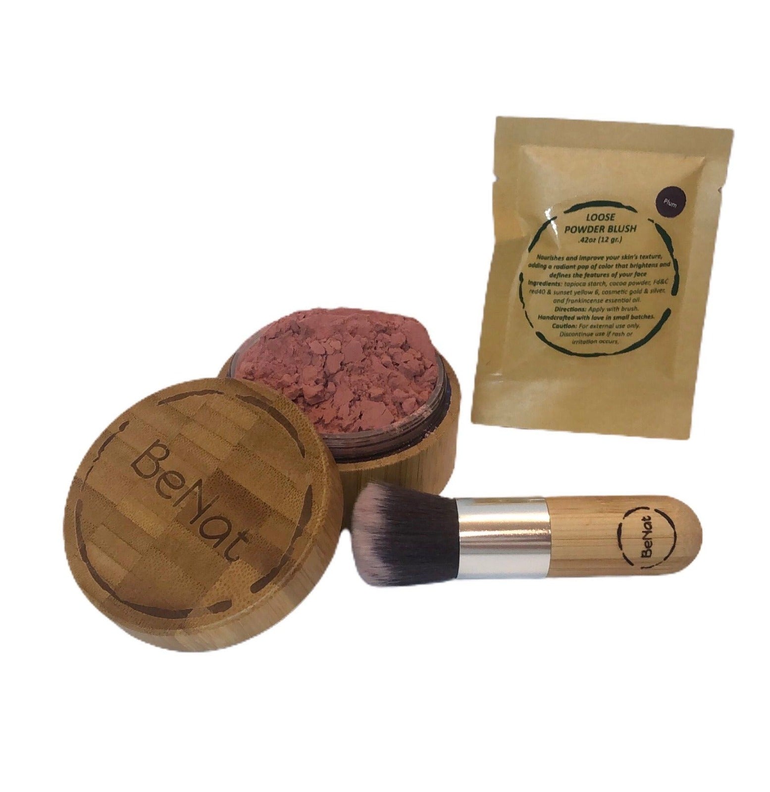 Blush Loose Powder Set featuring a bamboo container, blush powder in Plum and Roseate, and a kabuki brush.