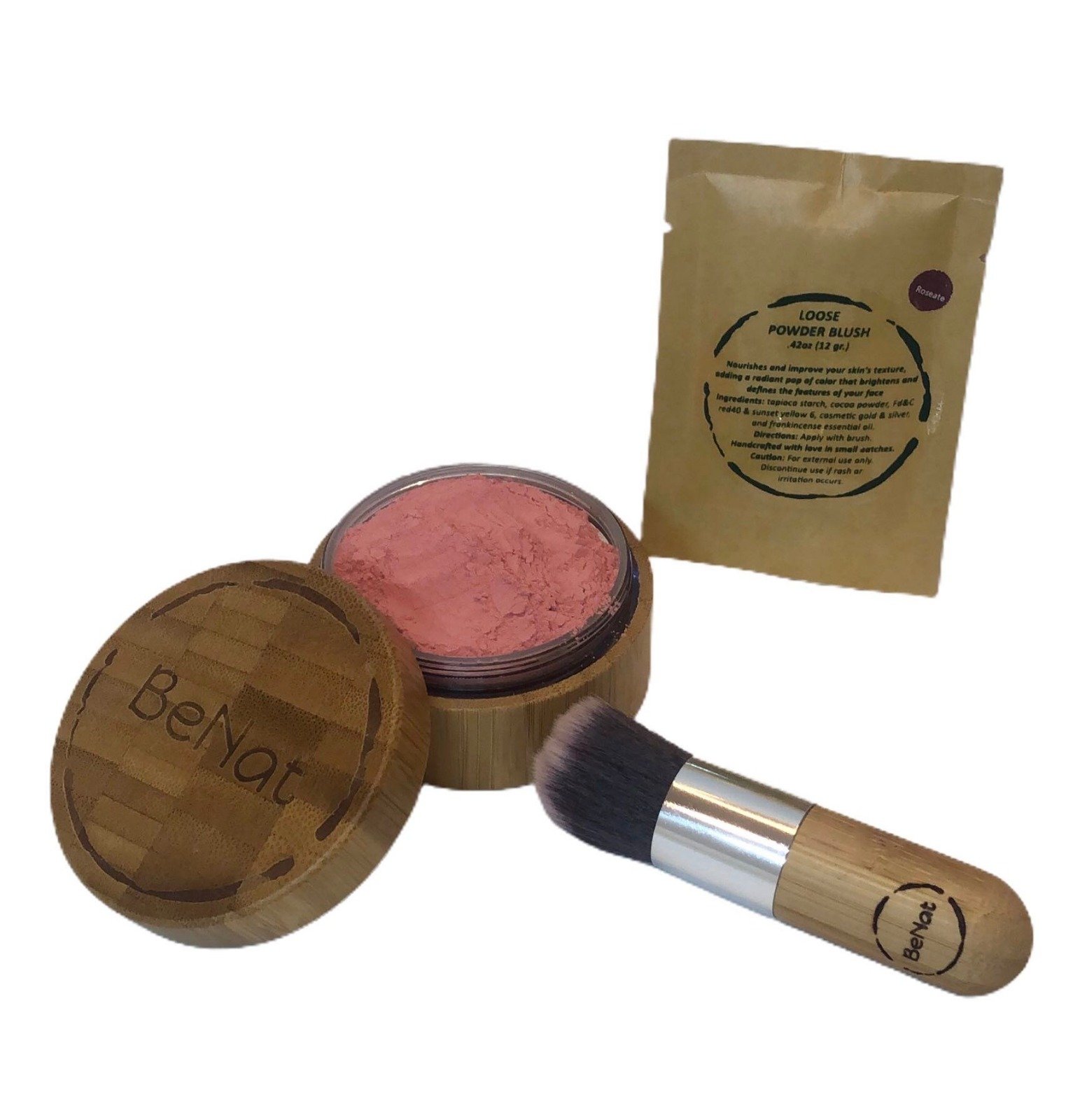 Blush Loose Powder Set featuring a bamboo container, blush powder in Plum and Roseate, and a kabuki brush.