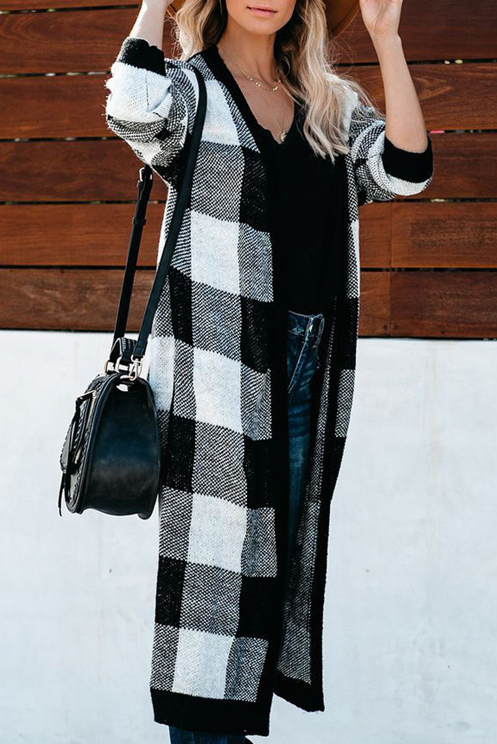 A stylish Board Games Pocketed Checkered Cardigan featuring a monochrome plaid print, open front design, and cozy fabric, perfect for chilly weather.