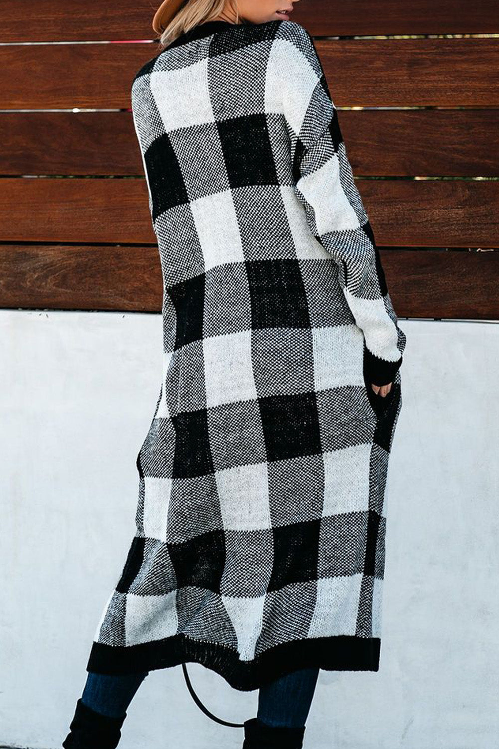 A stylish Board Games Pocketed Checkered Cardigan featuring a monochrome plaid print, open front design, and cozy fabric, perfect for chilly weather.