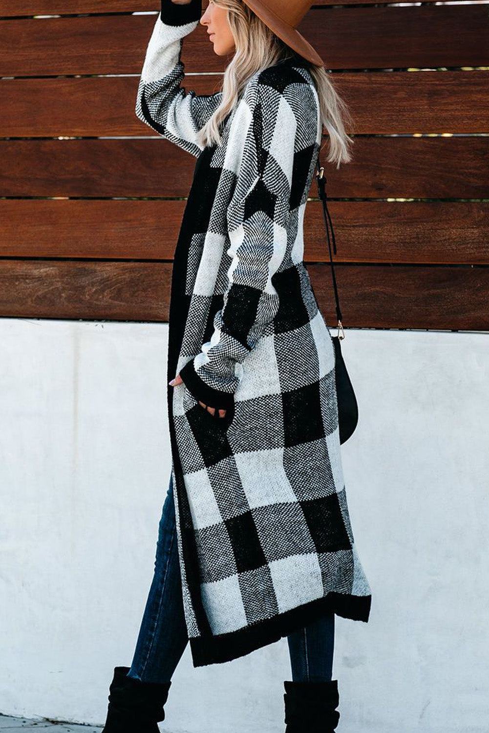 A stylish Board Games Pocketed Checkered Cardigan featuring a monochrome plaid print, open front design, and cozy fabric, perfect for chilly weather.