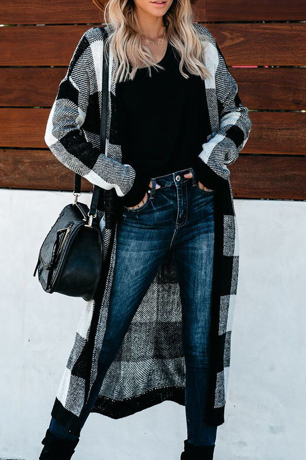 A stylish Board Games Pocketed Checkered Cardigan featuring a monochrome plaid print, open front design, and cozy fabric, perfect for chilly weather.