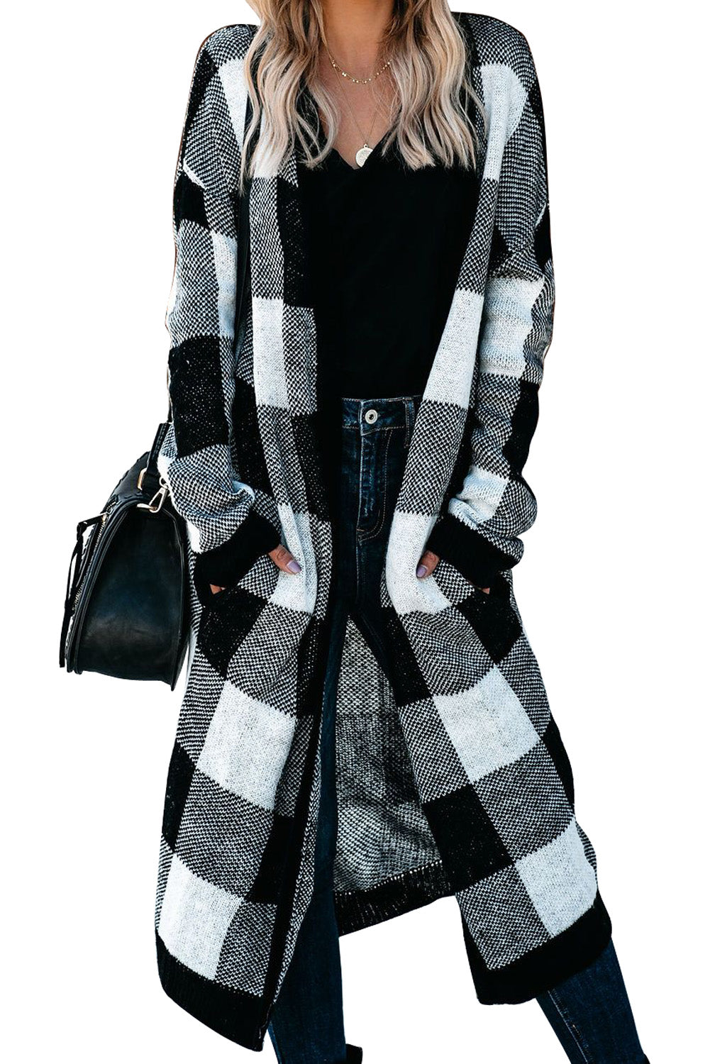 A stylish Board Games Pocketed Checkered Cardigan featuring a monochrome plaid print, open front design, and cozy fabric, perfect for chilly weather.