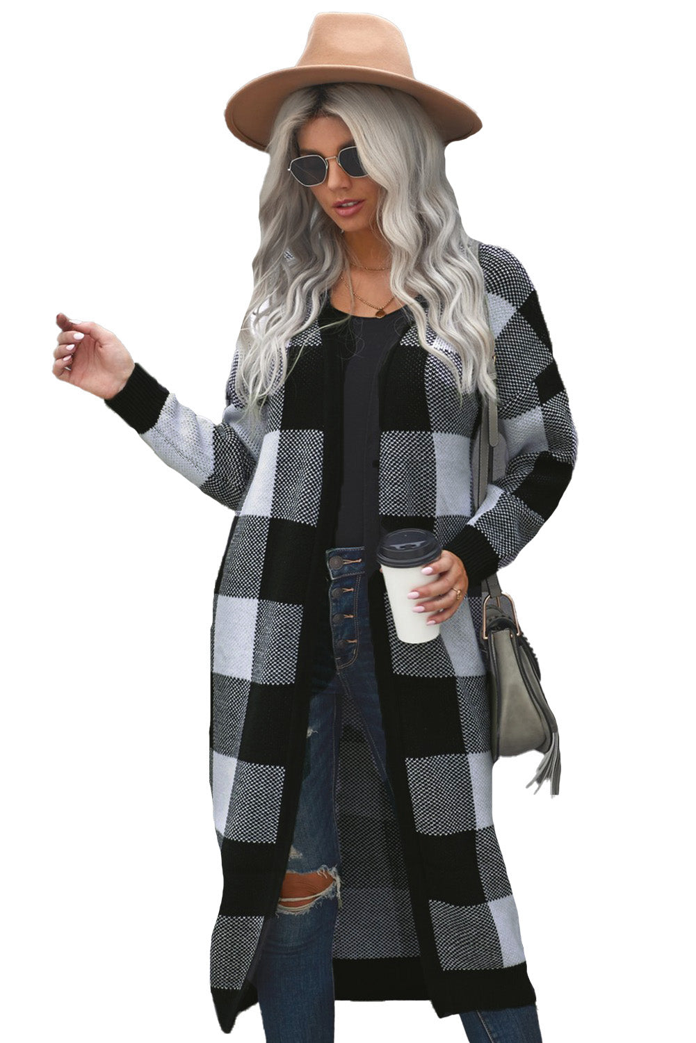 A stylish Board Games Pocketed Checkered Cardigan featuring a monochrome plaid print, open front design, and cozy fabric, perfect for chilly weather.