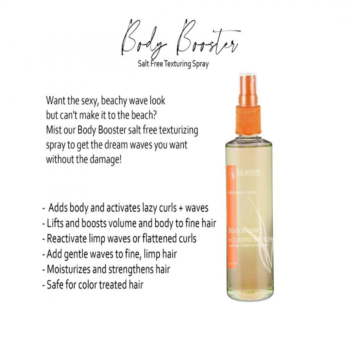 A bottle of Body Booster Salt Free Texturizing Spray with a sleek design, showcasing its salt-free formula for beachy waves and volume.