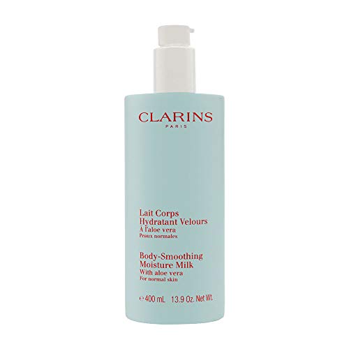 Bottle of Clarins Body Smoothing Moisture Milk with a sleek design, showcasing its hydrating properties.