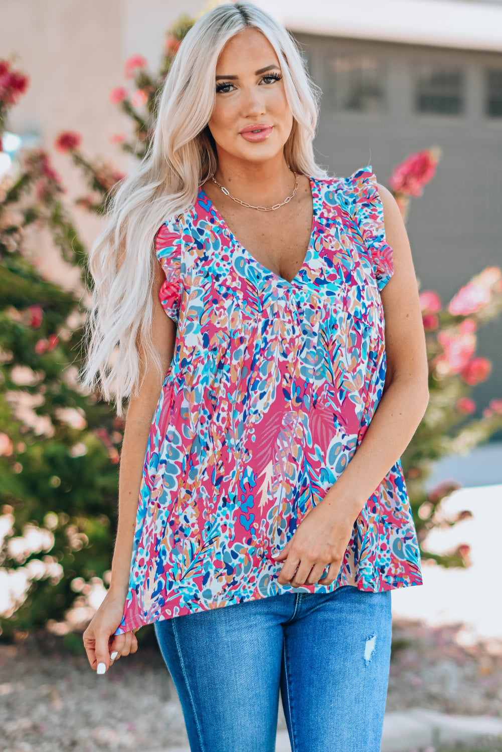 Boho Pattern Print Flounce V Neck Tank Top featuring floral design and elegant flounce details, perfect for stylish summer outfits.