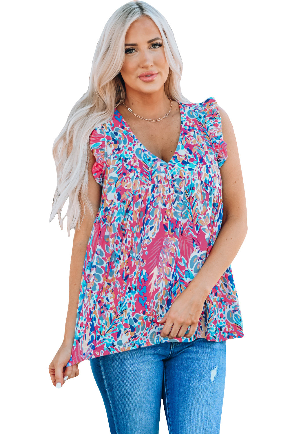 Boho Pattern Print Flounce V Neck Tank Top featuring floral design and elegant flounce details, perfect for stylish summer outfits.