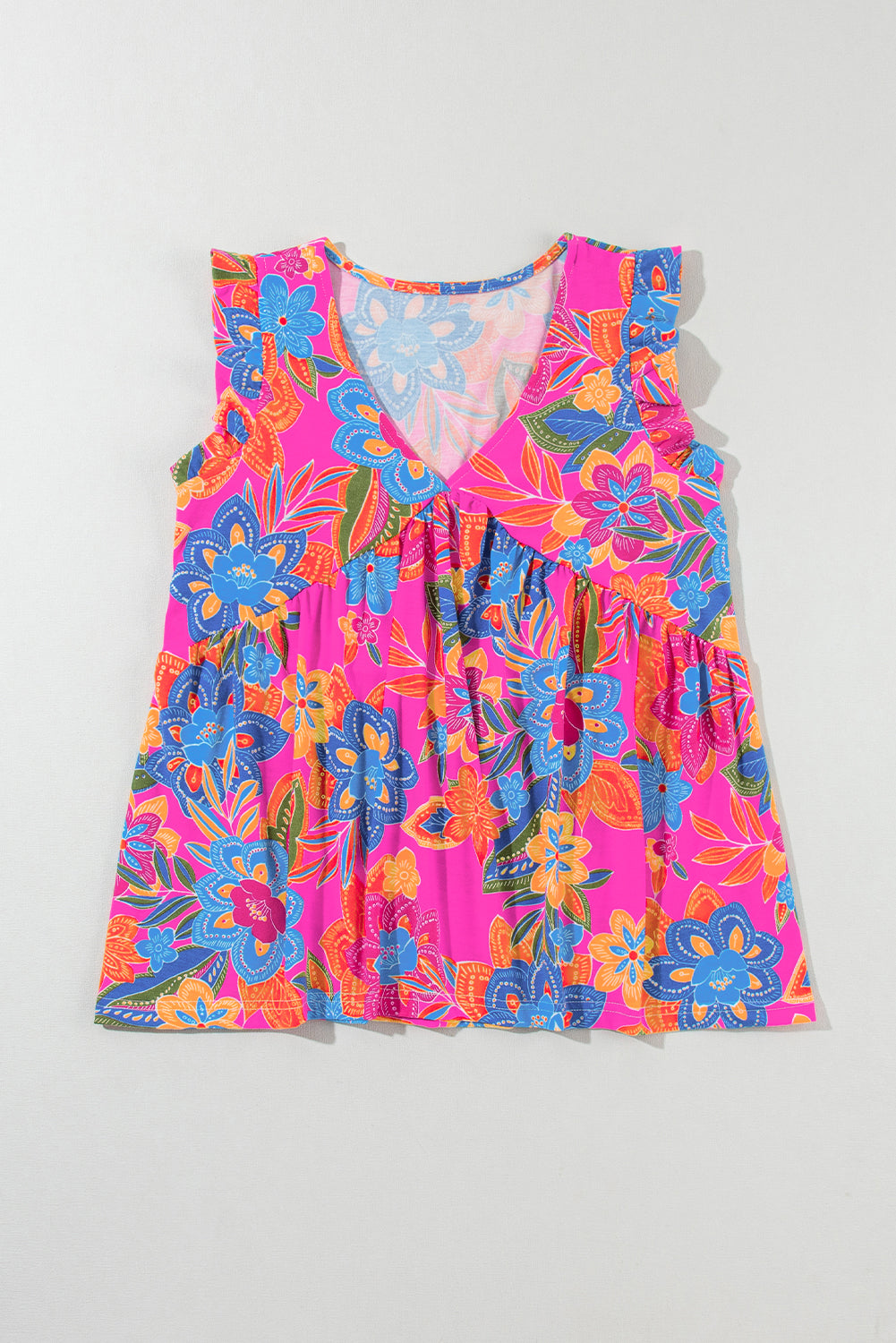 Boho Pattern Print Flounce V Neck Tank Top featuring floral design and elegant flounce details, perfect for stylish summer outfits.