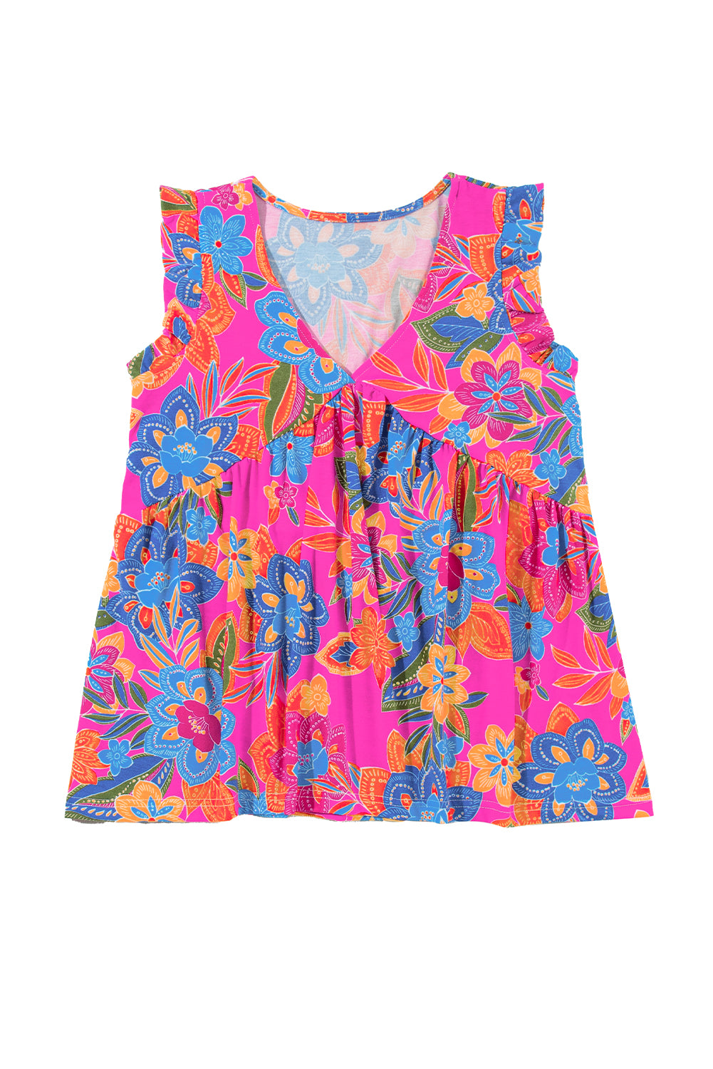 Boho Pattern Print Flounce V Neck Tank Top featuring floral design and elegant flounce details, perfect for stylish summer outfits.