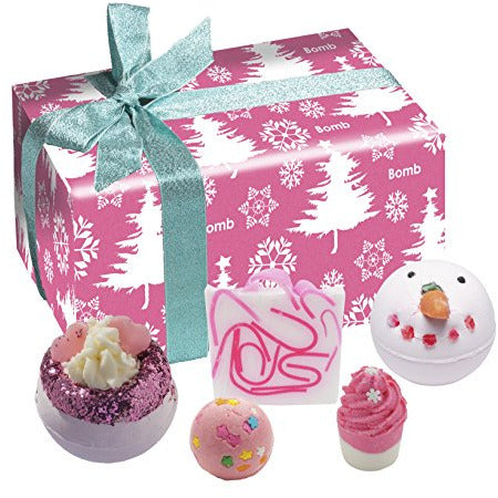 Bomb Dreaming Of A Pink Christmas Gift Set featuring 5 beautifully designed festive items in pink packaging.